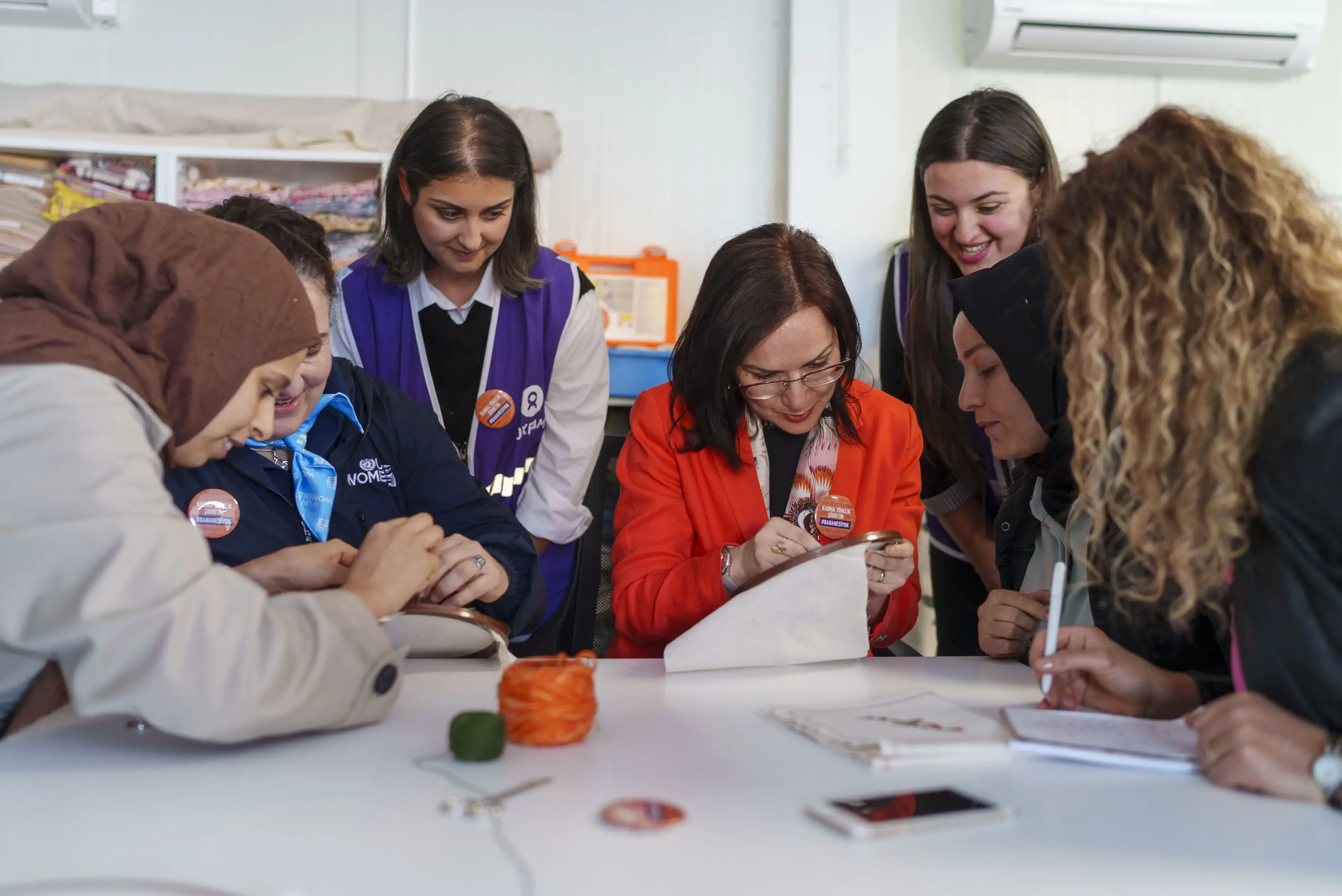 Asya Varbanova, UN Women Türkiye Country Director is embroidering with women at the Women’s Empowerment Hub in Hatay, Türkiye. Photo: İlkin Eskipehlivan / UN Women