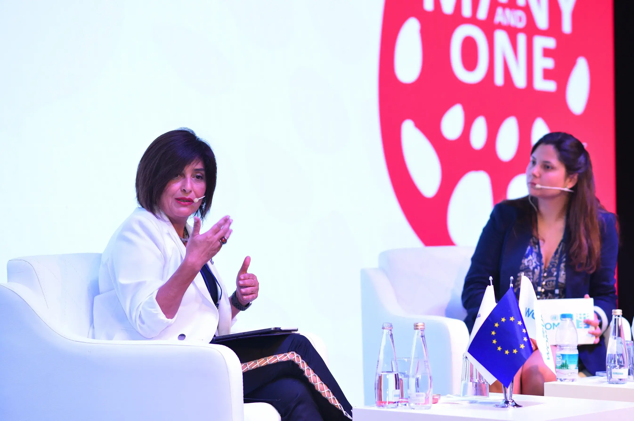 Zeliha Ünaldı, UN Women Turkiye Deputy Country Director and Gaye Tuğrulöz from the Social Climate Association are discussing at the “An Intergenerational Dialogue on the Path Since 1995 Beijing Declaration and Platform for Action 30th Anniversary” session. Photo: UN Women