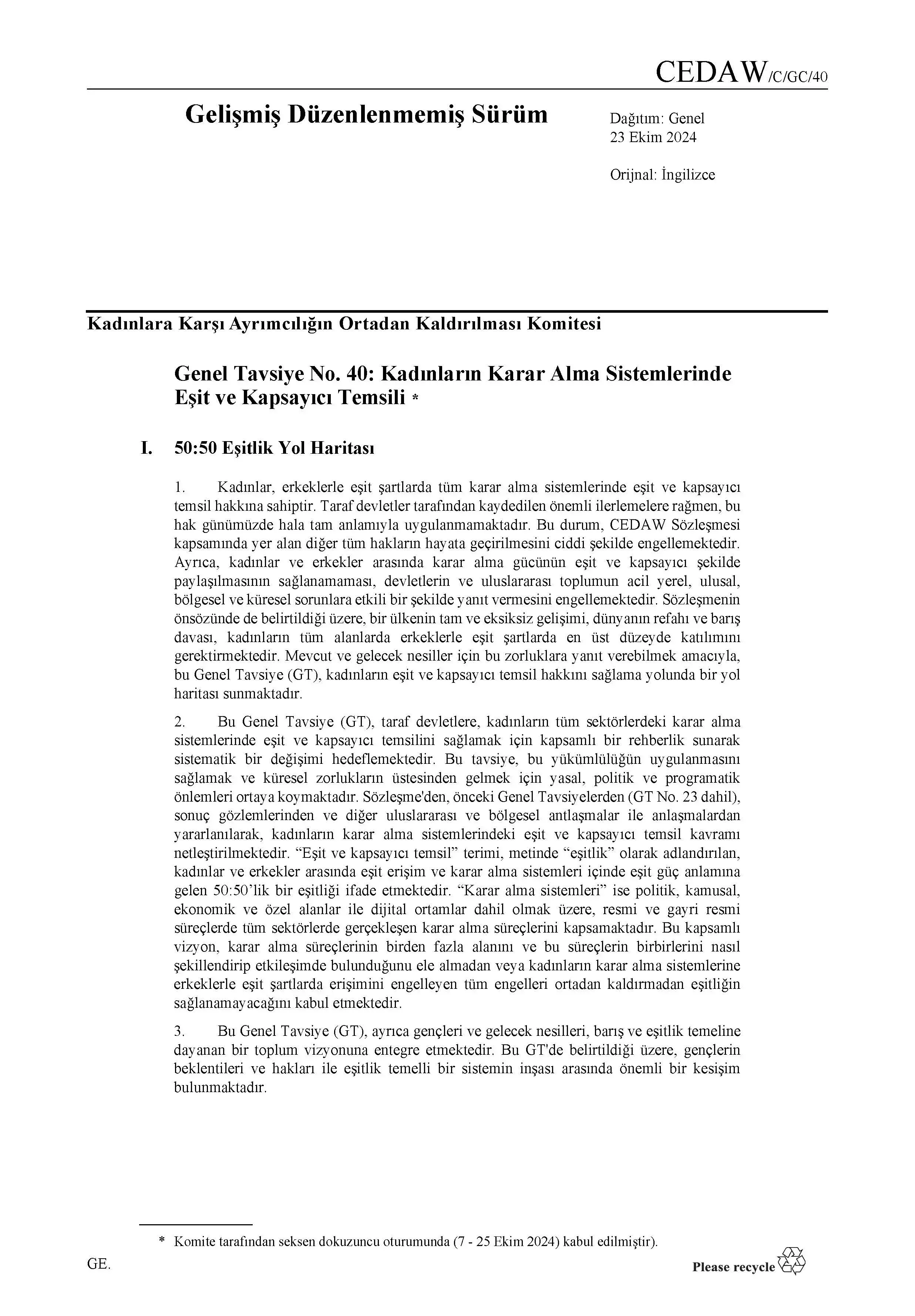 Draft General Recommendation No. 40: Equal and Inclusive Representation of Women in Decision-Making Systems